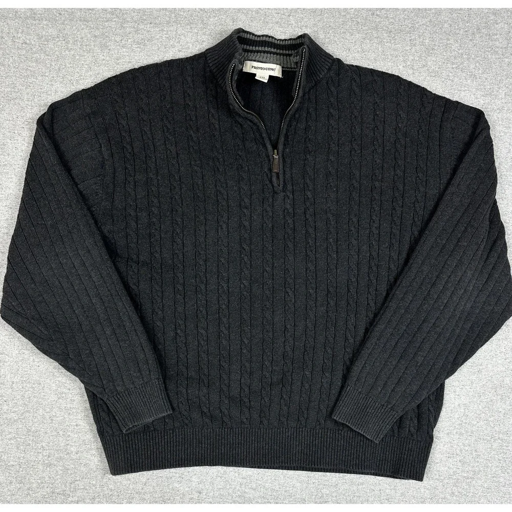 Pronto‎ Uomo Sweater Mens 2XL Gray Quarter Zip Mock Neck Cable Knit Pullover